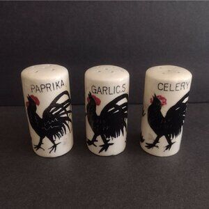 Vtg Rooster Chicken Spice Paprika Celery Garlic Salt Shakers Jars Black White